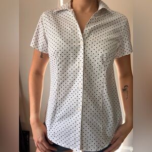 Y2K Office Siren White Black Polka Dot Button Up Short Sleeve Cotton Top Medium